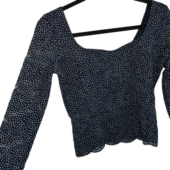 GUESS Navy Polka Dot Long Sleeve Mesh Overlay Top — Size M - Picture 3 of 4